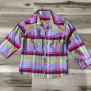 The Denim Tailor Silk Plaid Multicolored Button Up Blouse Top Women’s 6